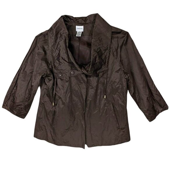 Chico's Jacket Womens 1 Med 8 Chocolate Brown Crinkle 3/4 Sleeve Mob Wife - Picture 1 of 11